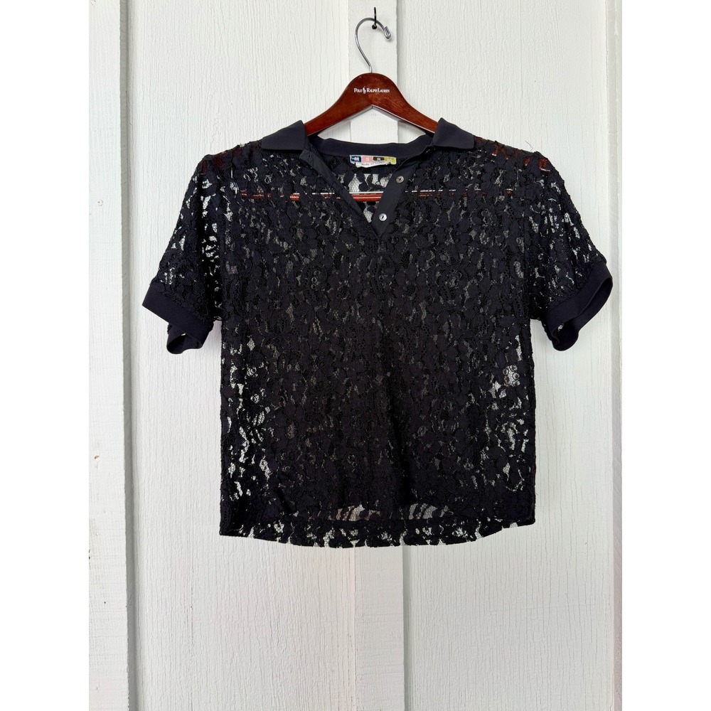 MSGM Black Floral Lace Short Sleeve Polo Shirt Top Womens Size IT 44 / US 8